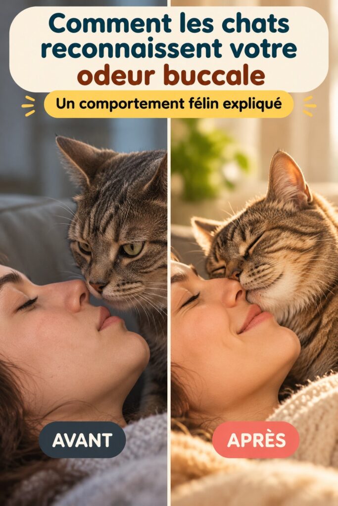 Un chat renifle la bouche de son propriétaire, illustrant la connexion basée sur l'odorat.