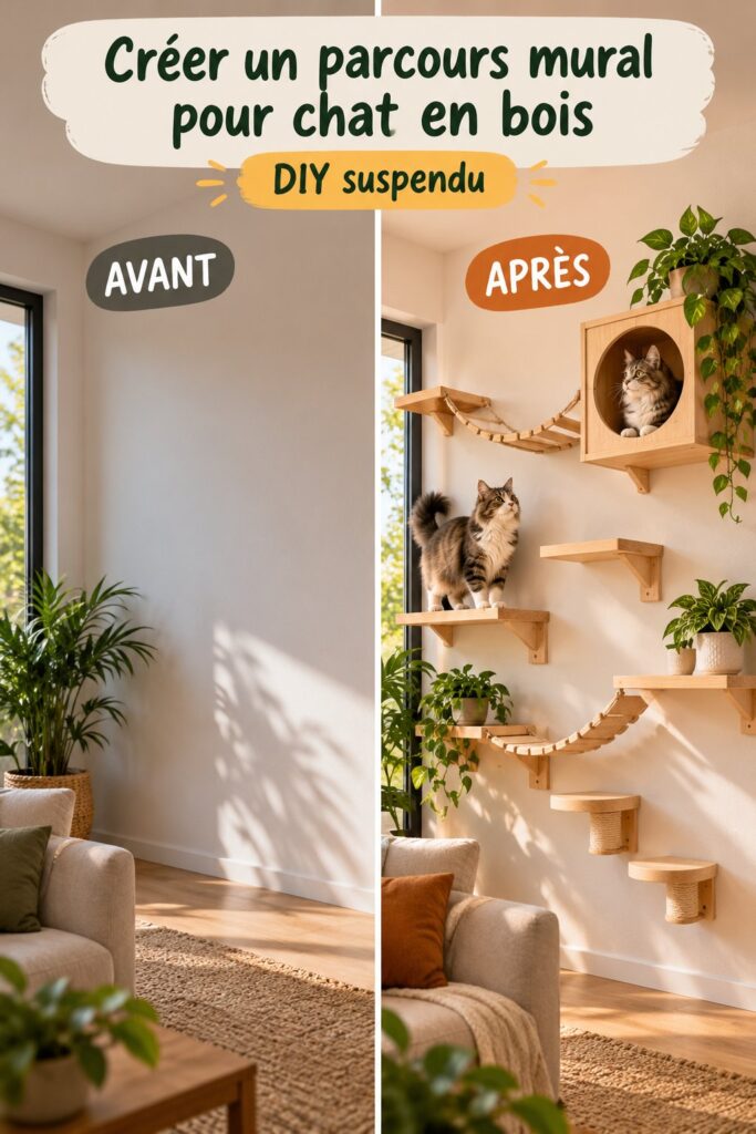 Un chat explorant un parcours mural en bois dans un intérieur moderne.