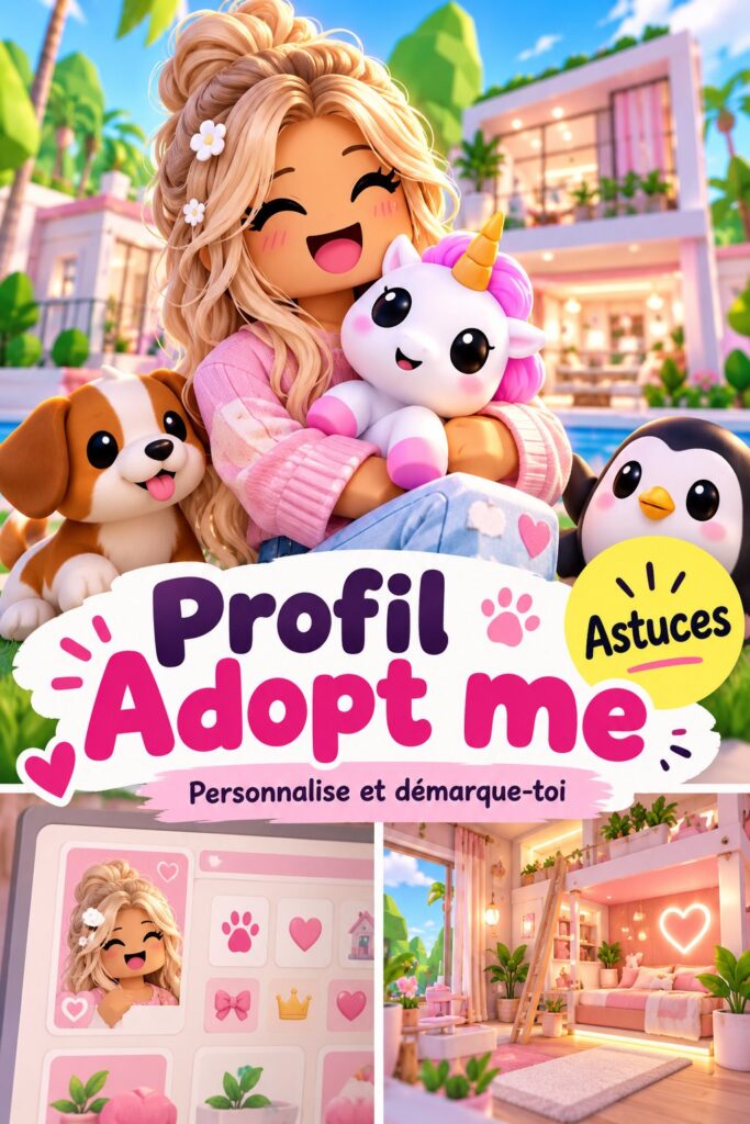 Profil d'adoption stylisé d'un animal de compagnie, illustrant atouts et personnalité.