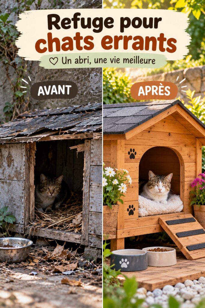 Refuge en bois pour chats errants dans un jardin, offrant confort et protection.